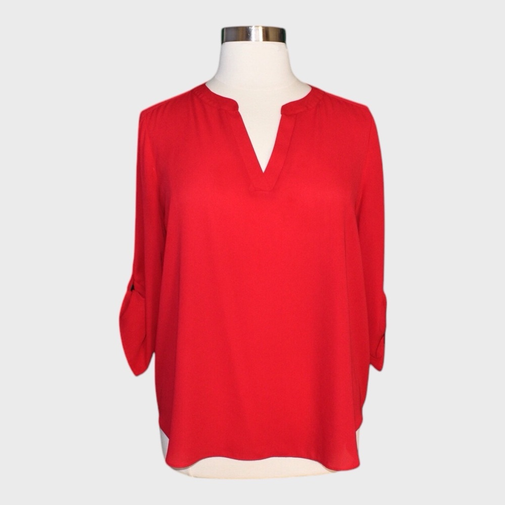 Chaus‎ Red Roll Tab Sleeve Tunic Blouse